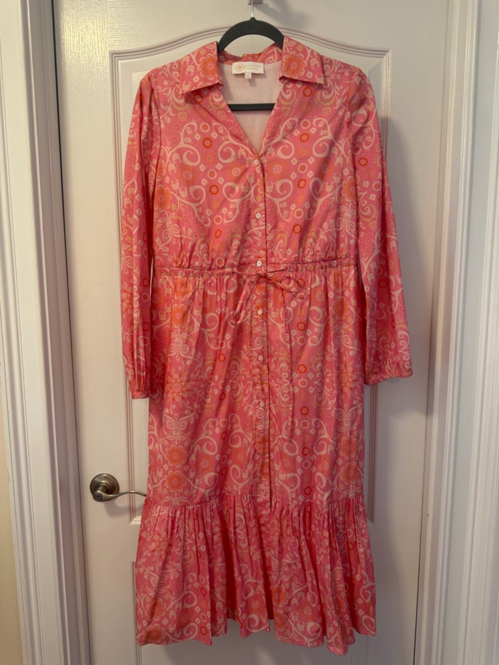 Fluttering Pink Printed Long-Sleeve Midi Dress